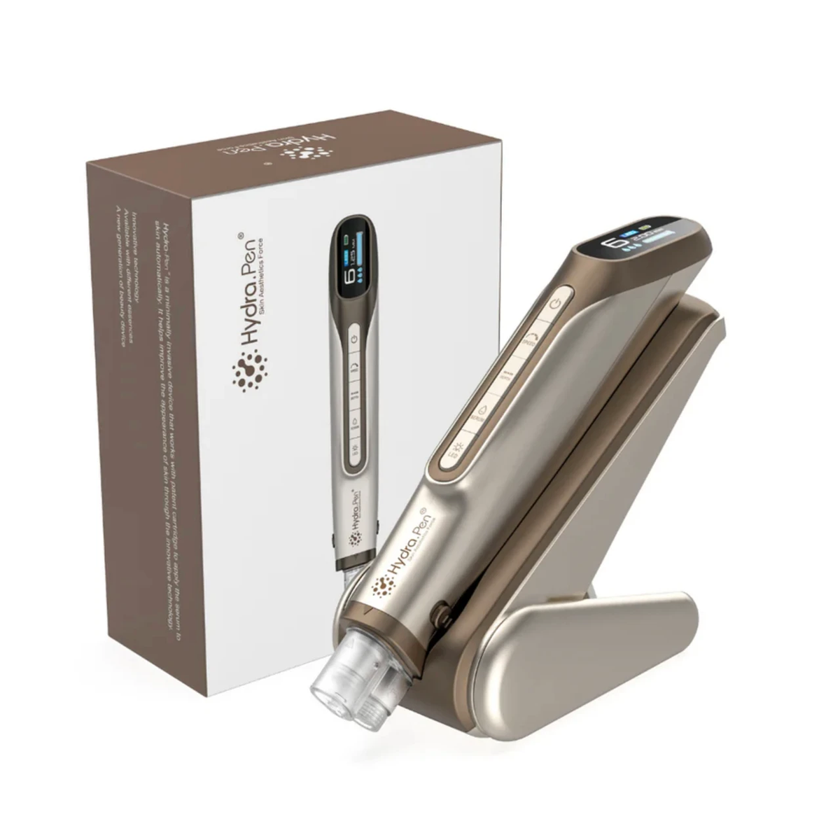 Hydra Pen H6 or champagne sur son support à côté de la boîte assortie