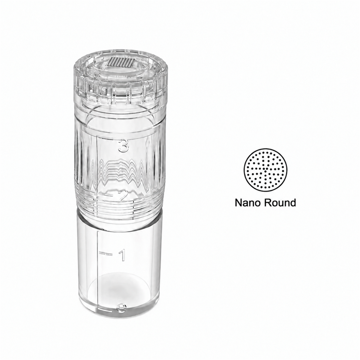 Hydra Pen H3 and H5 Nano Round replacement cartridge with reservoir and round tip-pattern diagram