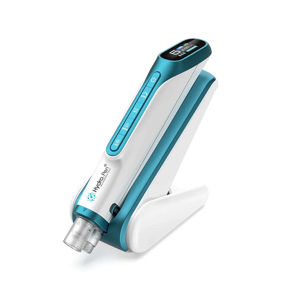 Metallic Teal Hydra Pen H6 with its fitted cartridge and foldable handpiece stand