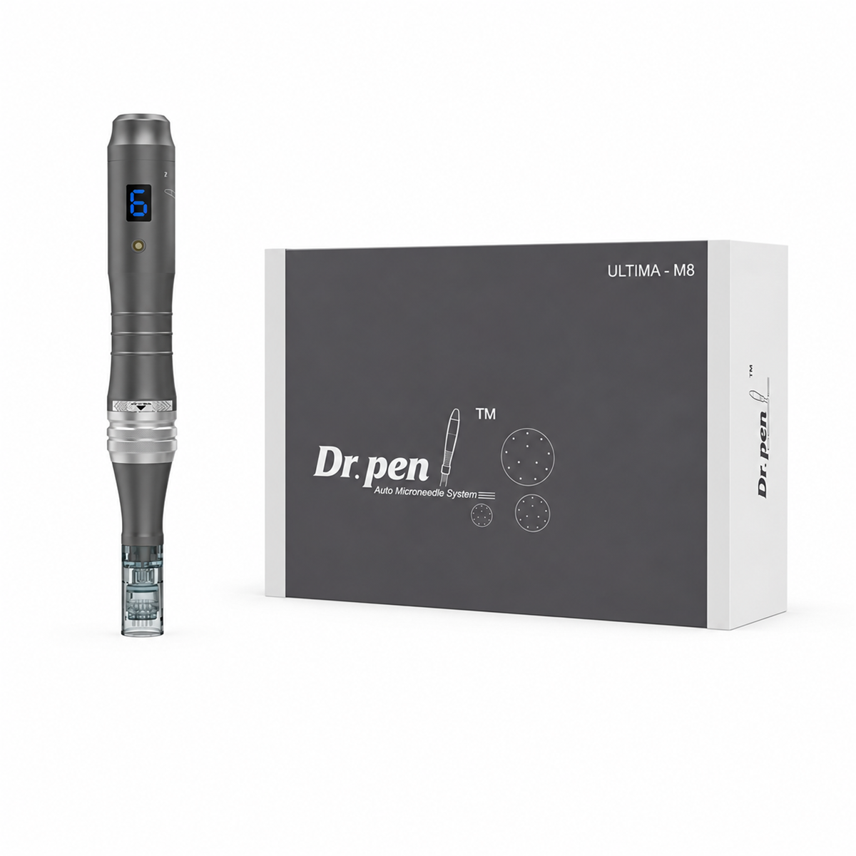 Dr. Pen M8 argenté à côté de sa boîte M8 d’origine