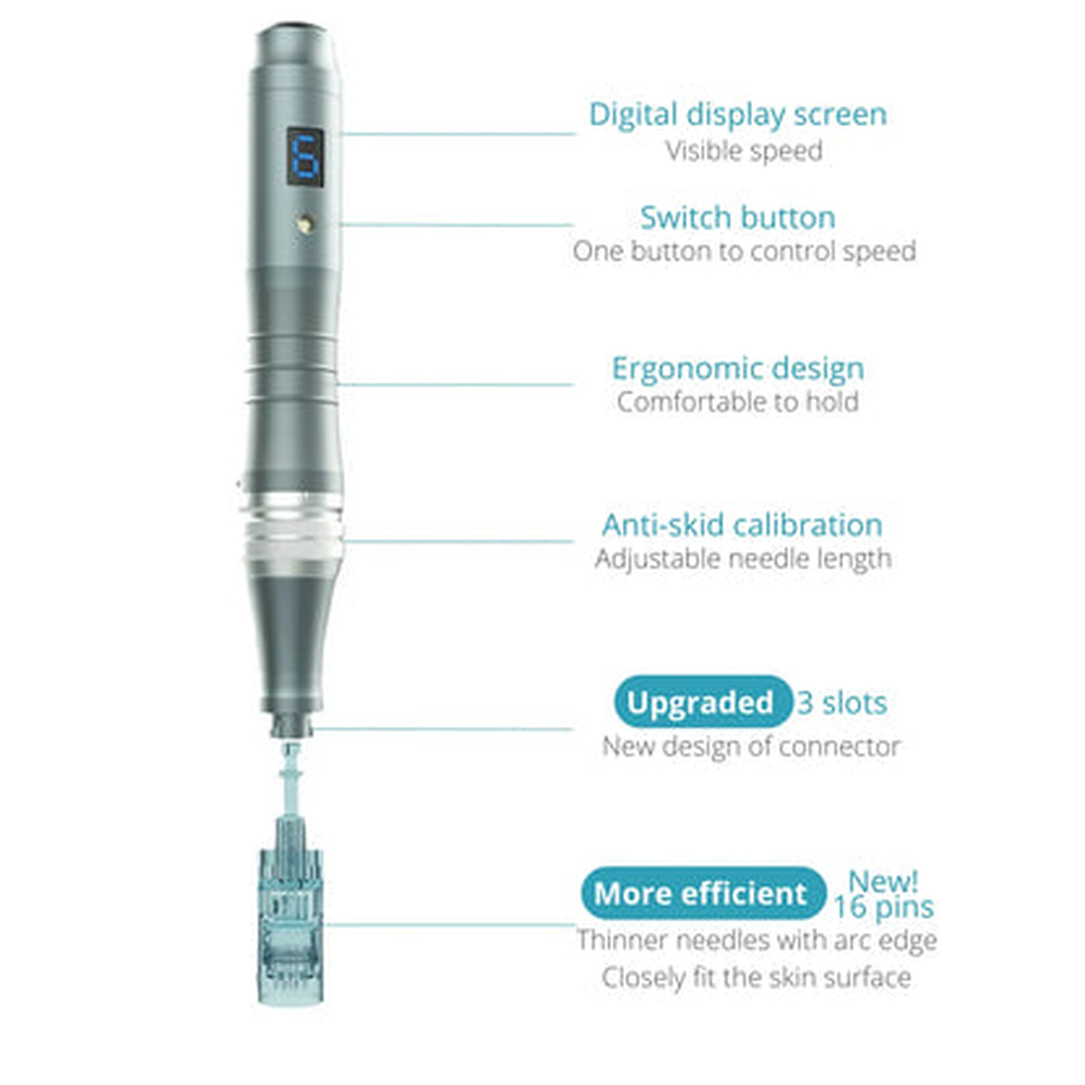 Labelled Dr. Pen M8 illustration showing its display, power button, adjustment ring and connector